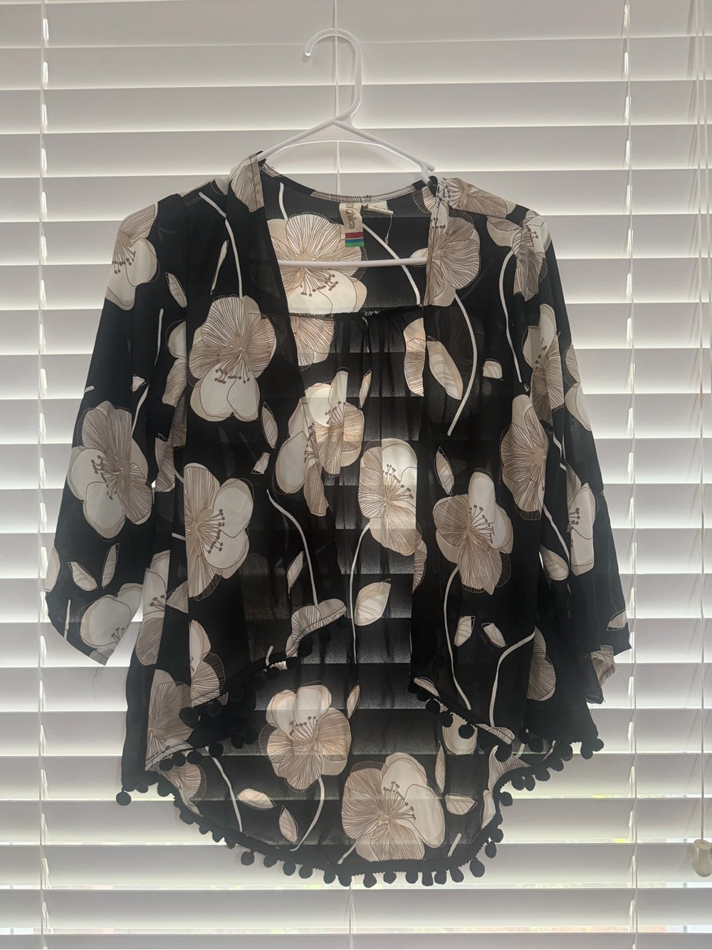 Mimi Chica Black Floral Sheer Tunic with Pom Trim